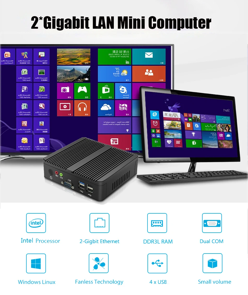 Безвентиляторный мини-ПК 2* COM Pentium J2900 четырехъядерный двойной гигабитный LAN Windows 10 настольные компьютеры HDMI VGA wifi USB Mirco PC