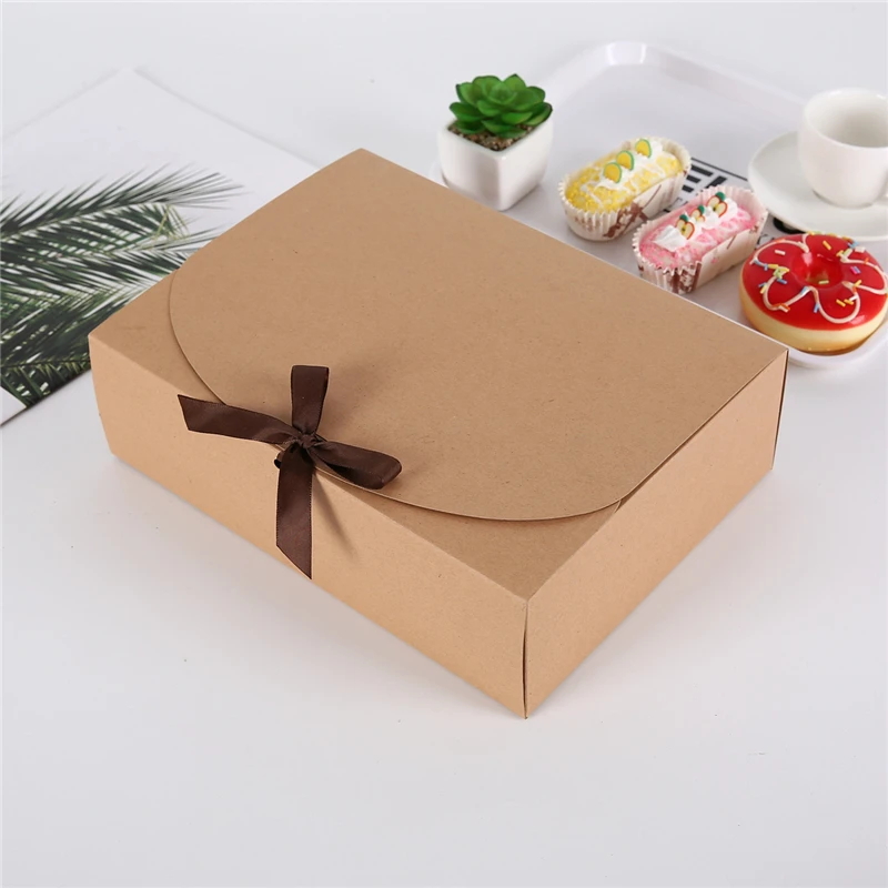 

5PCS White/Kraft/Black Gift Box Wedding Candy Box with Little Ribbon Bow Kraft Paper Flat Box with Rope Party Pack Supplies