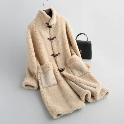 cream color Длинная оторочка из овечьей шерсти, пальто, женская,, зимняя новая оторочка из овечьей шерсти, один длинный рукав, теплое пальто с мехом, hh00110 - Цвет: cream color