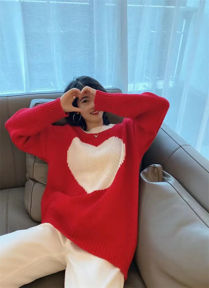

Women 2021 Spring O-Neck Long Sleeve Cashmere Simple Love Pattern Pullover Red / Gray Hot Sale Sweater