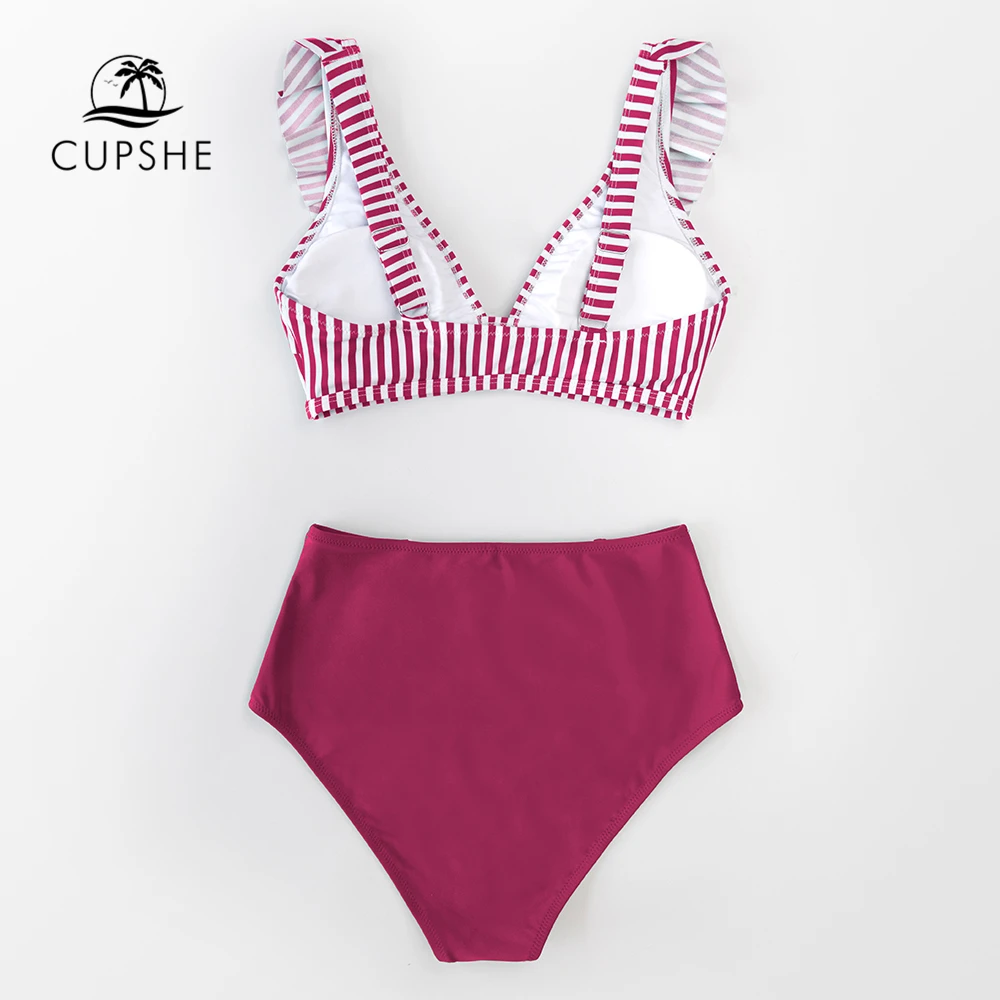 CUPSHE/комплект бикини в красную полоску с оборками и высокой талией купальник для