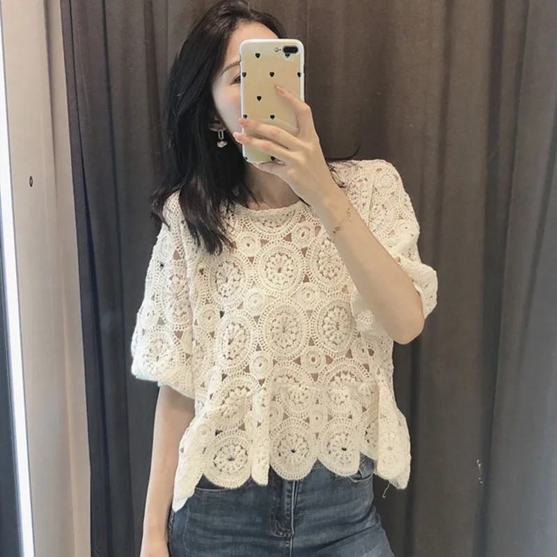 SESOAF Women Chic Lace Shirt Vintage Casual Floral Crochet Blouse Crop Fashion Elegant Hollow Out ladies tops Summer tunic | Женская