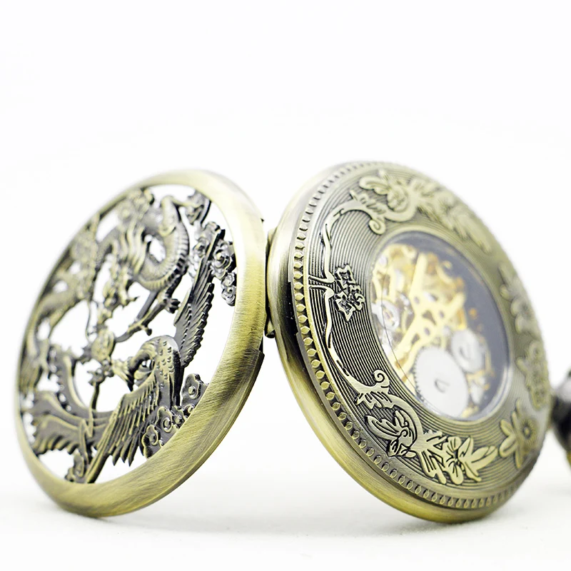 Flying Bird/dragon 3D Hollow Relief Mechanical Pocket Watch Bronze Antique Steampunk Fob Chain Manual Winding Clock Gift