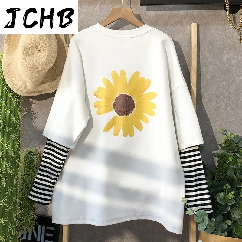 

2021 Flower Letter Printing Tshirt Fake Two-piece Long Sleeved Tees Patchwork Striped Tees Shirts Loose Tops Pullover for Women