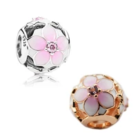 magnolia bloom pink flower rose golden 925 sterling silver beads for jewelry making pave stones crystal beads fit diy bracelet