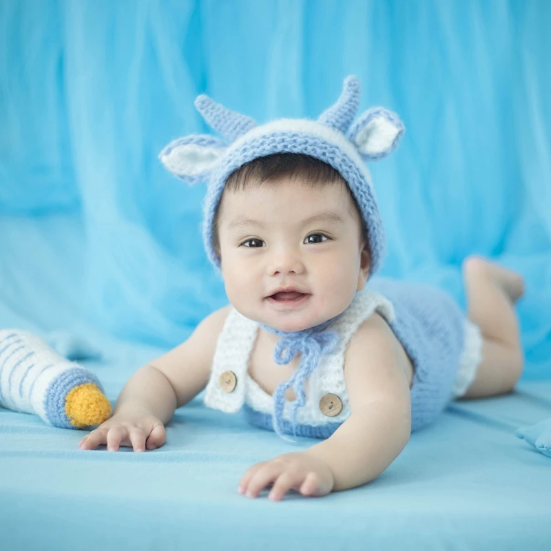 

Baby Crochet Cow Ox Hat Bonnet Beanies Cap Romper Set Newborn Photography Props Outsuits Infants Photo Shooting Posing