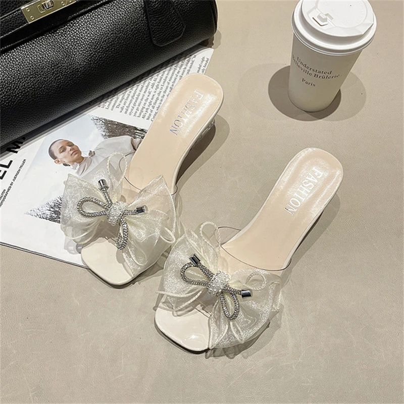 

Women's shoes slippers 2021 summer new fashion Korean style outer wear bow thick heel high heel sandals and slippers women