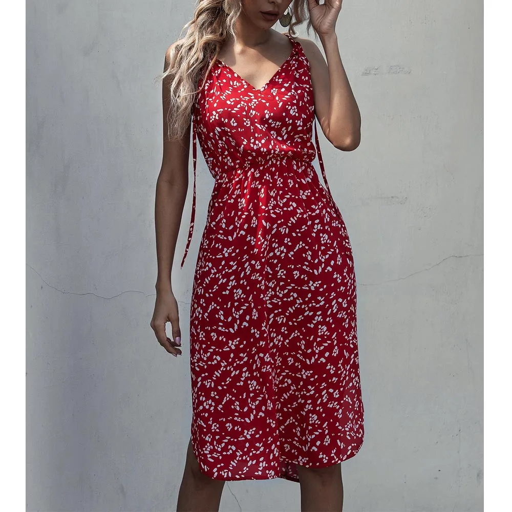 

Summer Floral Print V Neck Spaghetti Strap dress Women Red Lace Side split Sleeveless Beach Boho Girls Dresses