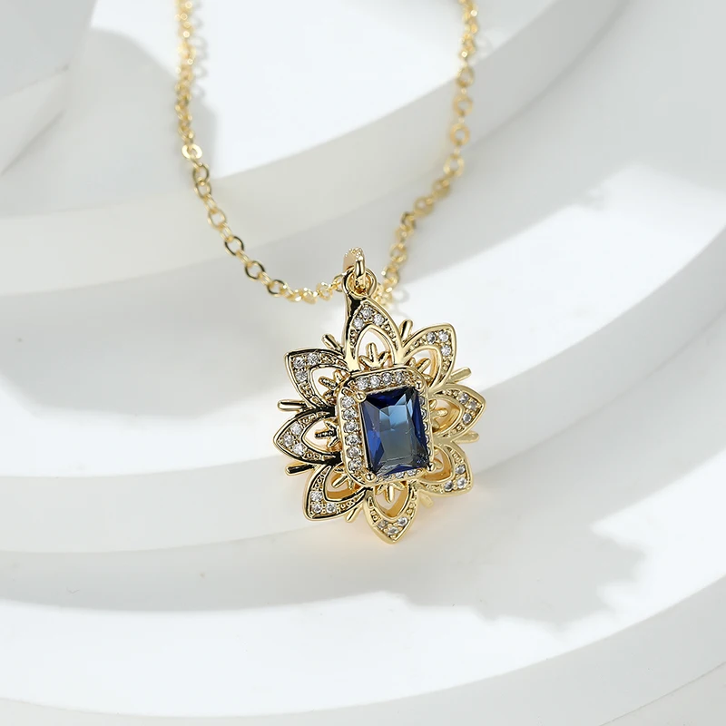 

Luxury Gold Color Flower Type Dark Blue Gemstone Necklace Cubic Zircon Fine Jewellery for Women Dating Party Christmas Gifts