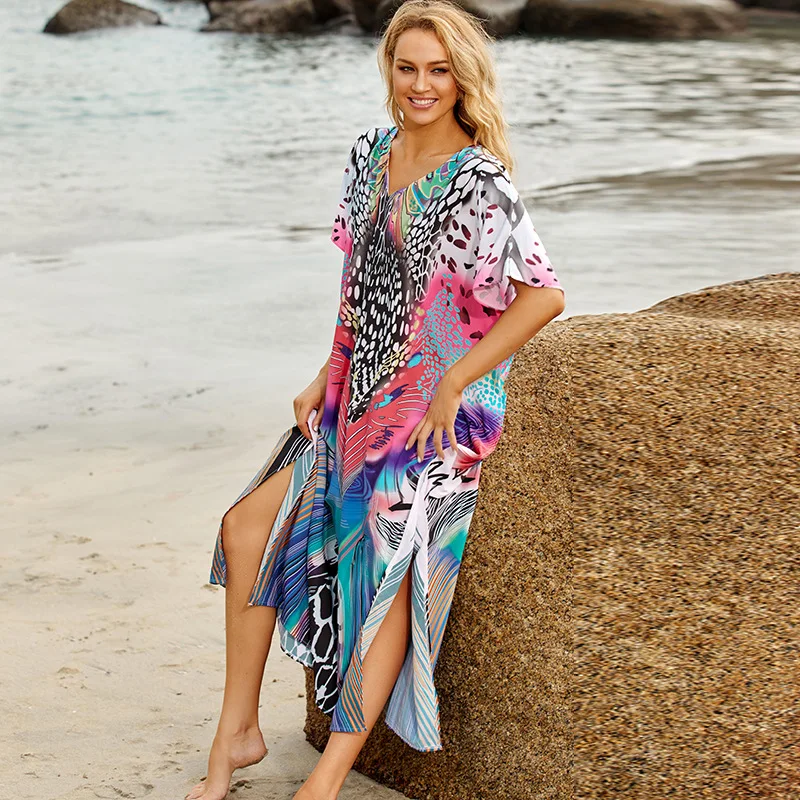 New Beach Cover Up Seaside Vacation Maxi Dress Polyester Positioning Print Robe Multi-Color Shirt Leopard Point Bikini Swimsuit
