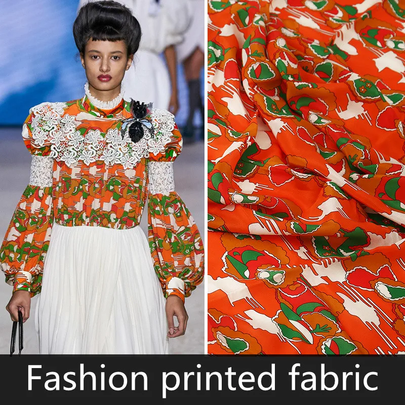 

Fashion Spring Summer European American Style Show High-definition Mulberry Silk Orange Flower Digital Printing Fashion Fabric