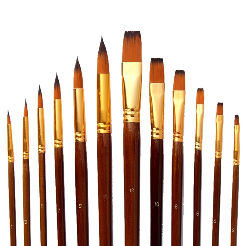 

Artist Paint Brush Set 12Pcs High Quality Nylon Hair Wood Black Handle Watercolor Acrylic Oil Brush Painting Art Supplies