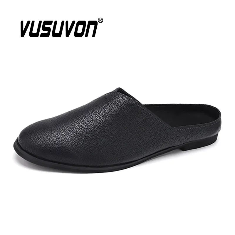 

2021 Loafers For Men Casual Mules Spring Summer Black White Outdoor Home Keep Toe Slides PU Leather Non-Slip Lazy Slippers Shoes