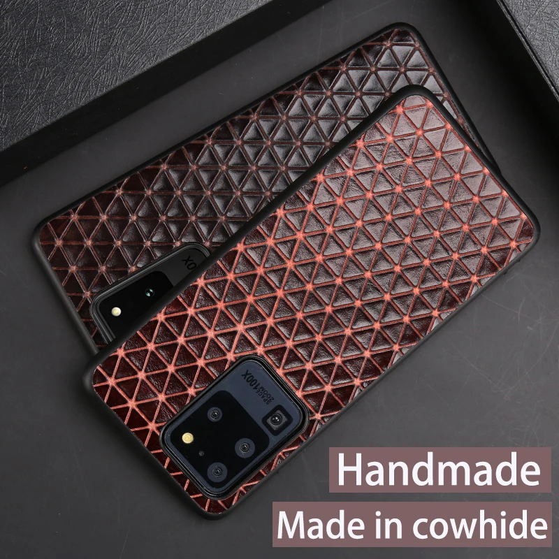Genuine Leather Phone Case For Samsung Galaxy S21 Ultra FE S20 Plus Note20 A52 A32 A51 Cowhide 3D Triangle Diamond Pattern Cover