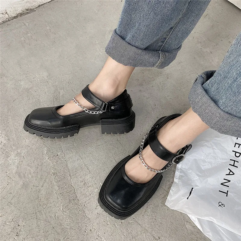Women's y2k Gothic Punk Chain Shoes Chunky Platform Wedges Square Toe Motorcycle Shoes Fashion Designer Black Leather Flats 2022