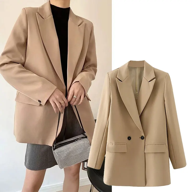 

ZA2021 лето новый стиль для женщин в Корейском стиле темперамент была тонкая, две кнопки цвета хаки в ретро стиле свободные длинный Костюмный п...