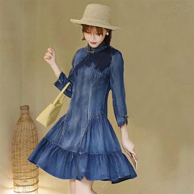 

Cheongsam Women Denim Dress 2020 Autumn Vintage Women Dresses A-line Elegant Mandarin Collar Female Vestidos S82111 Vestido