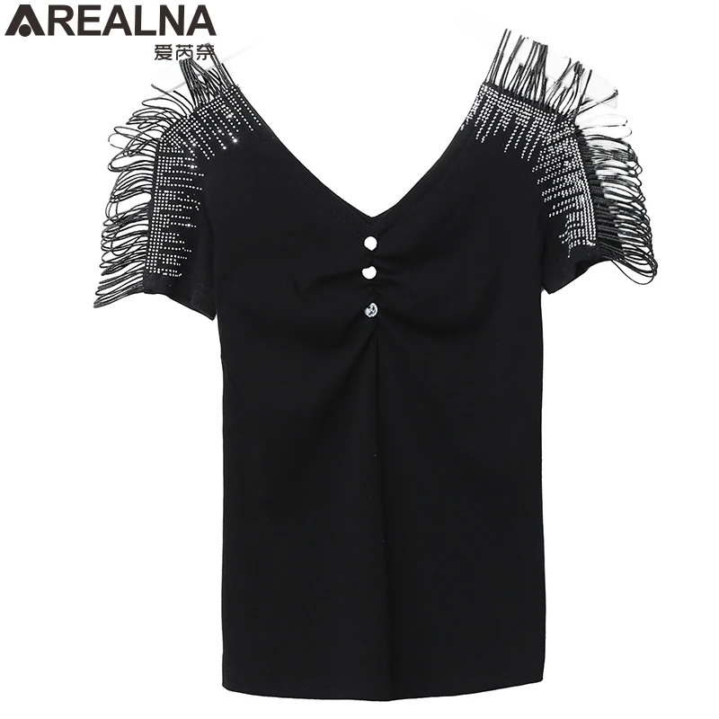 

Women Summer T Shirt Casual Short Sleeves Top V-Neck Slim sexy Basic Female T-shirt Diamond tee shirt femme camisetas mujer