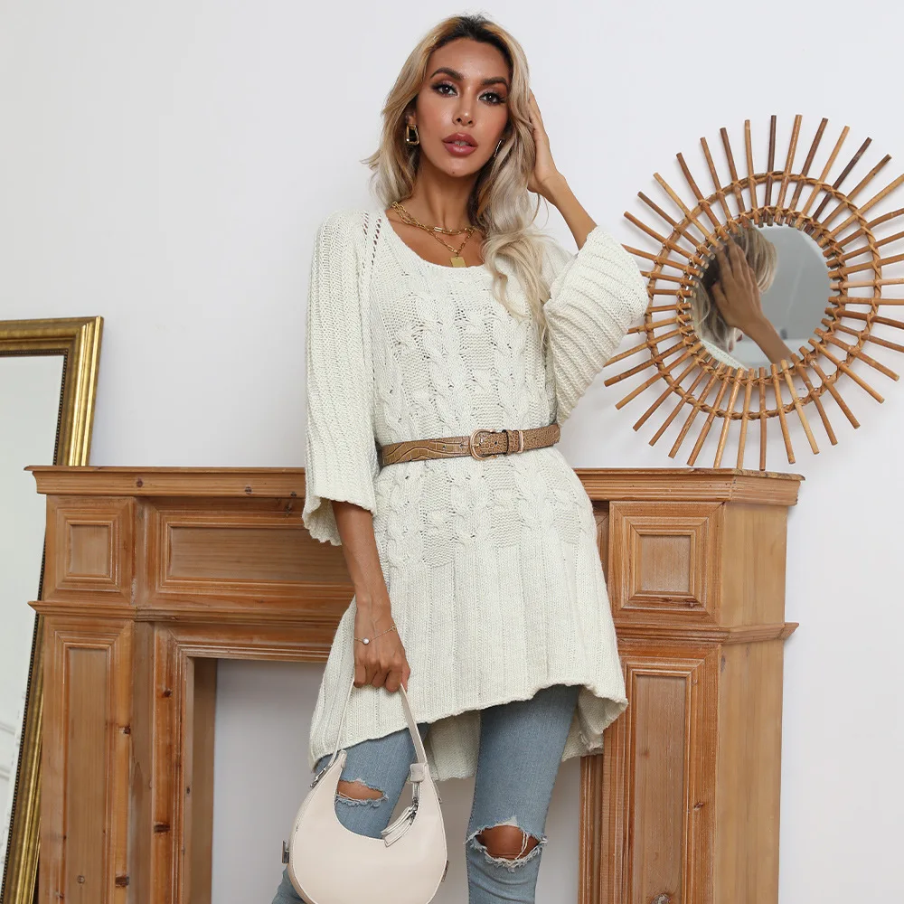 

Knitwear 2022 White Knitted Sweater Dress Batwing Sleeve Crochet Jersey Thick Thermal Jumper Loose Wiast Ladies Frocks for Women
