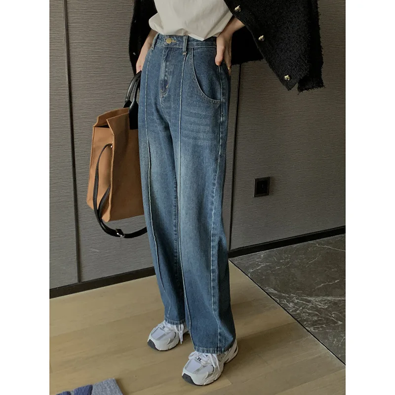 

Женские джинсы в стиле ретро, синие свободные прямые брюки в пол с широкими штанинами, с высокой талией, в Корейском стиле, Осень-зима 2021