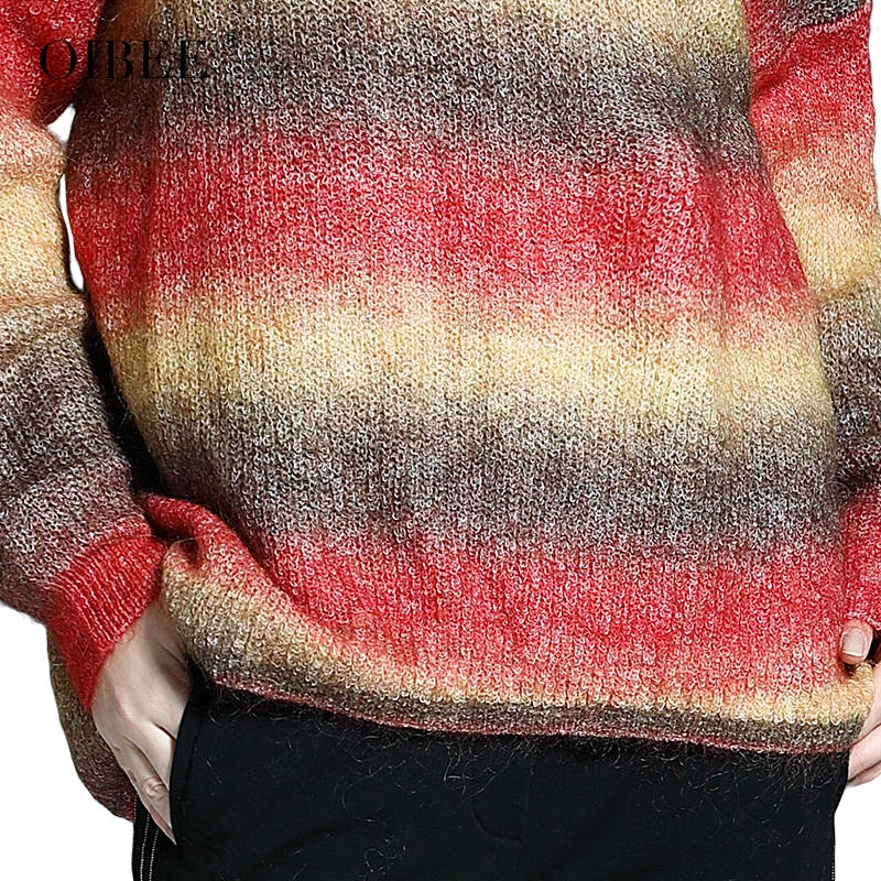 

OIBEE2019 autumn and winter loose pullover sweater thickening mohair color strip long sweater bottoming shirt