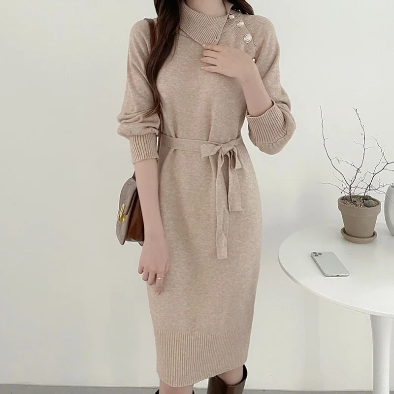 

Korean Pullover Dresses High Collar Backing With Medium Long High-grade Feeling Inside With Coat Wool Dress Knitted Dress Women