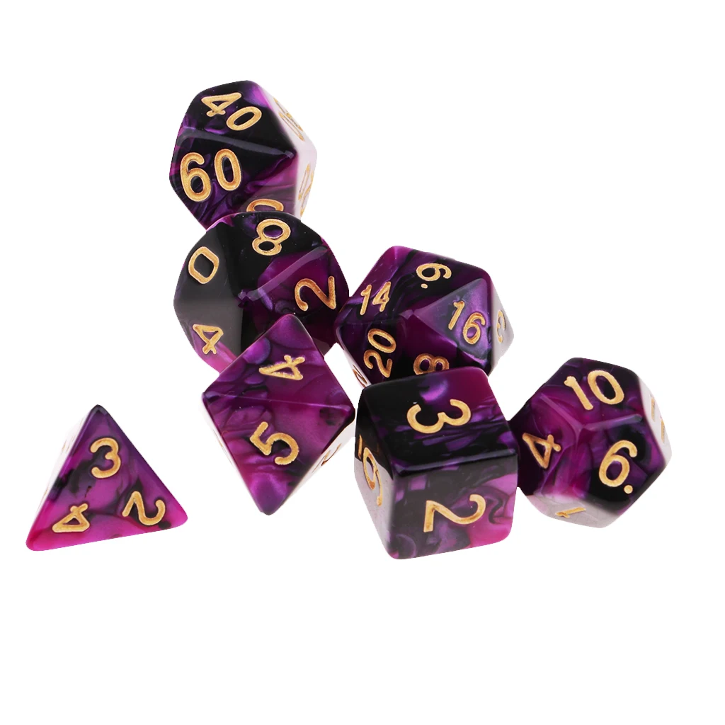 MagiDeal, 7 штук, многогранные кости для подземелий и драконов, D20, D12, D10, D8, D6, D4, настольные игры+ вечерние кубики - Цвет: 7pcs Purple Black
