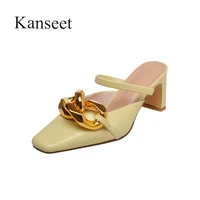kanseet genuine leather shoes 2021 summer new women slippers high quality handmade square toe metal chain high heels mules shoes
