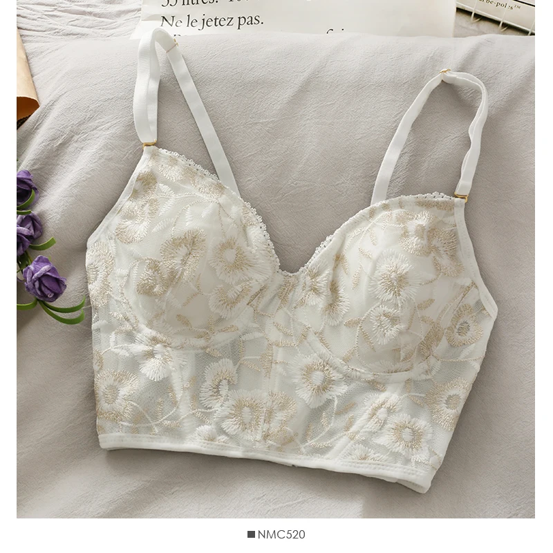 

Mesh embroidery crop tops sexy spaghetti strap tanke top women built in bra 2021 sleeveless all-match slim fit camisole ins