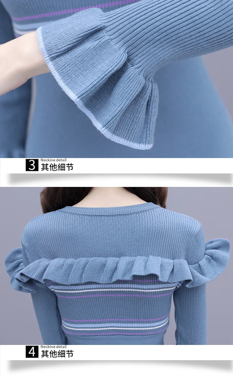 

Blue Sweater Dress Women Elegant Flare Sleeve Ladies Dresses Ruffles Vestidos De Festa Bottom Knitted Women's Sweater Robe Femme