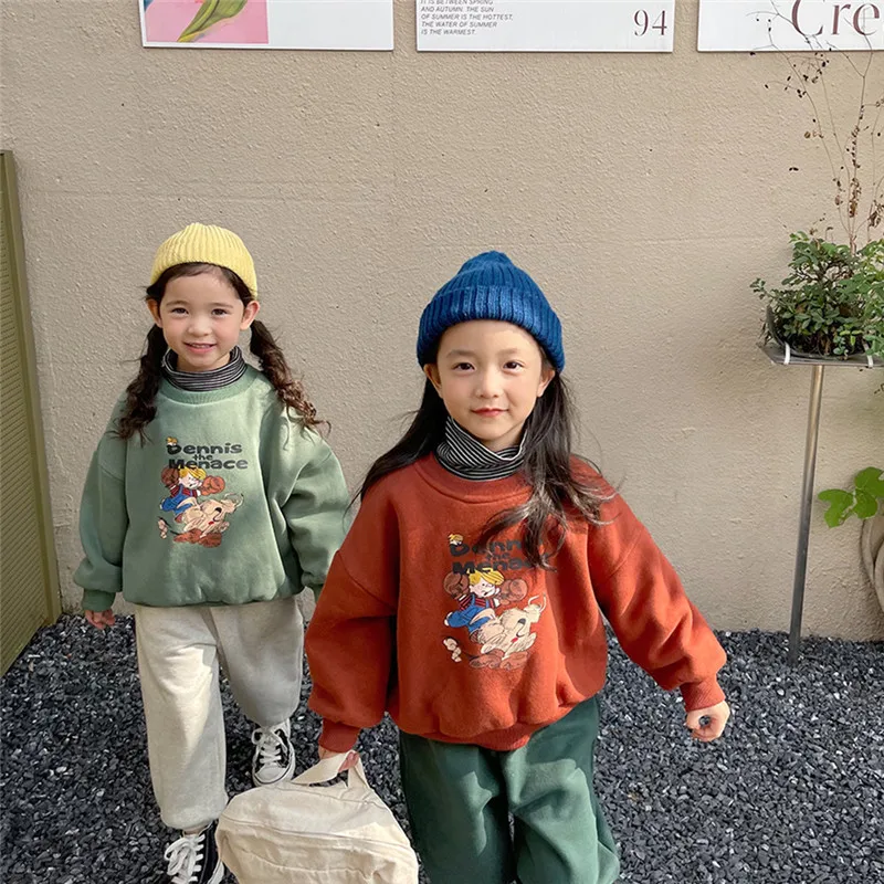 

Толстовки с капюшоном для девочек и мальчиков, детская куртка 2021, мультяшный зимний и осенний теплый топ, утепленный бархатный пуловер, детс...