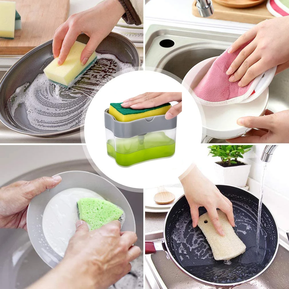 2in1 губка для жидкого мыла с двойным Слои Кухня Пластик Губка скруббер держатель