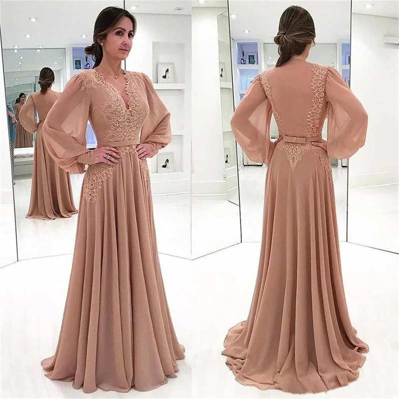 

Elegant Muslim Evening Dresses V-Neck Lace Evening Party Gowns Chiffion Long Sleeves A-line Formal Dresses Robe De Soiree