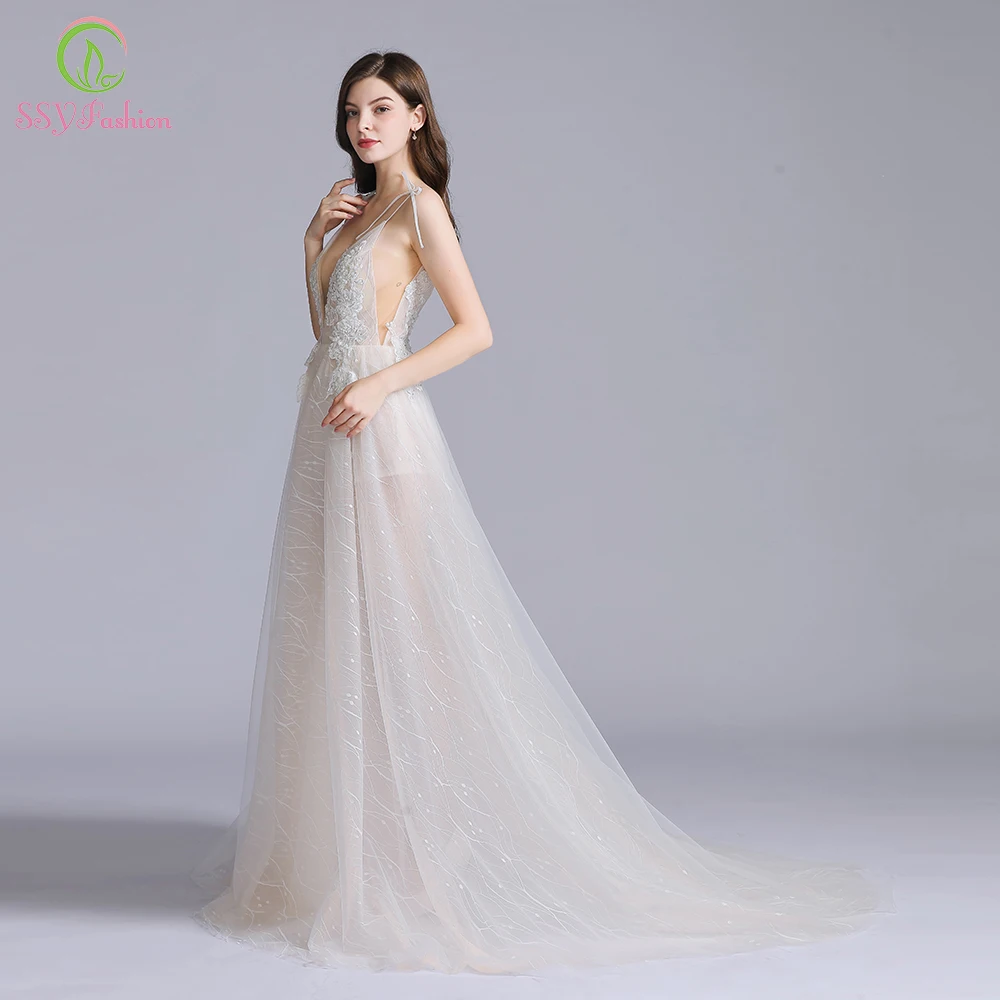SSYFashion Новое сексуальное длинное вечернее платье с глубоким v-образным вырезом, без рукавов, с открытой спиной, кружевное, с цветочным рисунком, для пляжа, выпускного, торжественное платье, Vestido De Fiesta