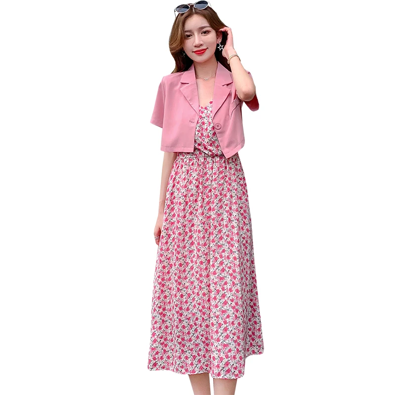 

Small suit small jacket with short sleeves short summer with a new small and pure and fresh flower long condole belt in the dres