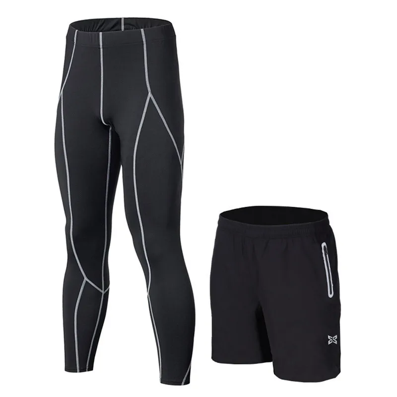 2 шт., мужские колготки для бега, шорты, штаны, спортивная одежда, футбольные леггинсы, компрессионные, для фитнеса, футбола, баскетбола, Колготки с карманами на молнии - Цвет: X642001 gray line