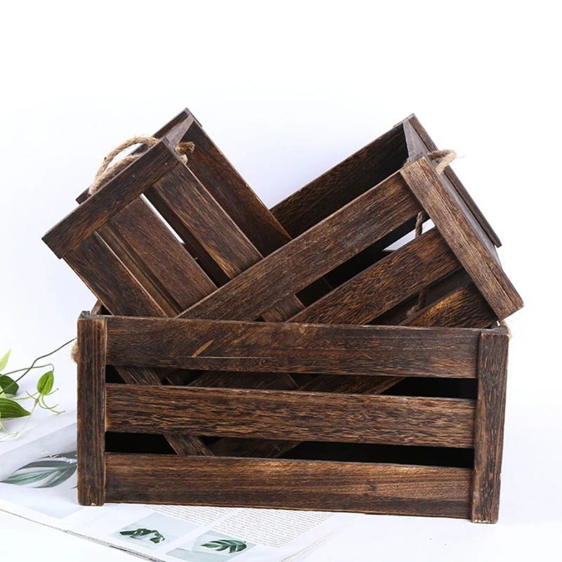 

69HC Wooden Rectangular Storage Basket with Rope Handle Rustic Hollow Crates Bin Box