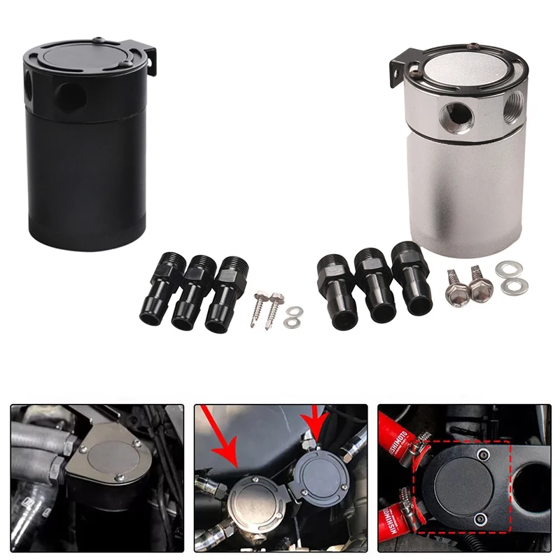 

Universal Racing Baffled 3 Port Oil Catch Can Tank Air Oil Separator Anodized Black Silver