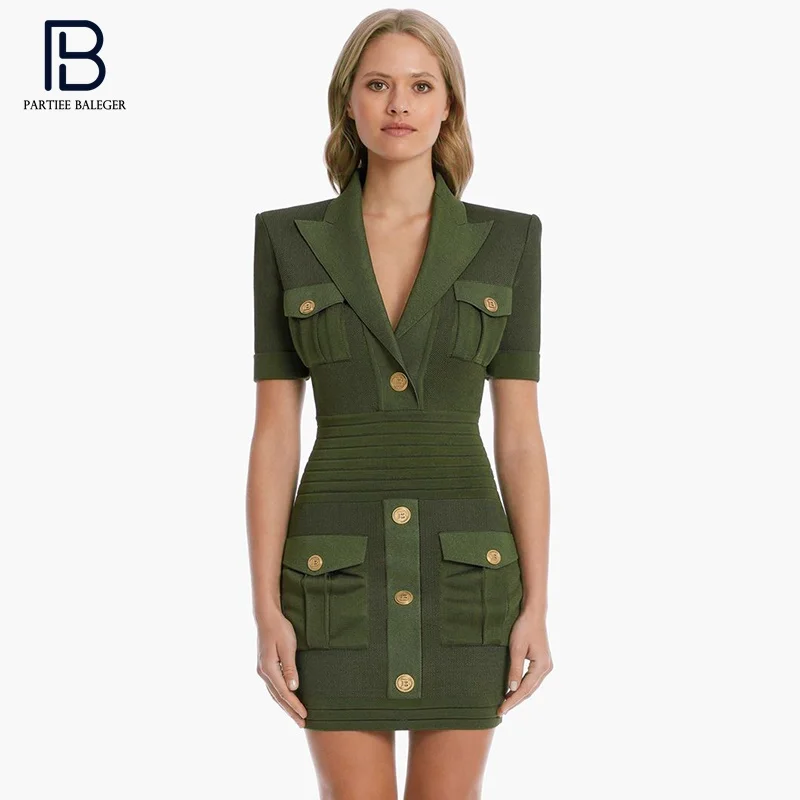 

PB Trendy Mini Dress Short Sleeves Button Pocket Design Turn-down Collar Celebrity Party Club Bandage Vestido Free Shipping