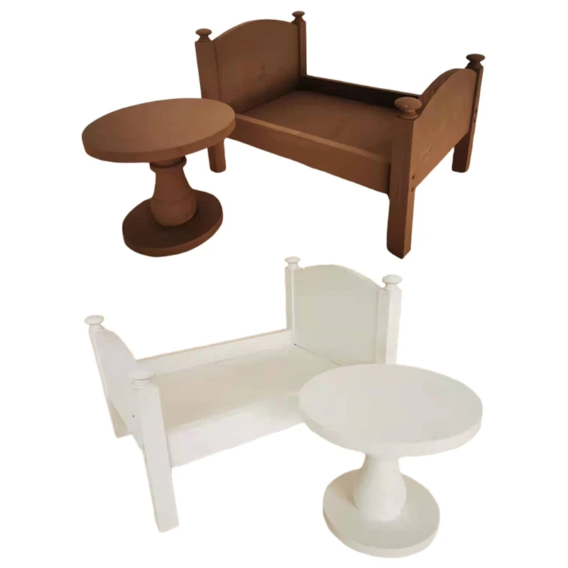 

2 Pcs Mini Bed+Bedside Table Set Newborn Photography Posing Props Mini Desk Crib