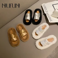 niufuni metal foil flats shoes soft comfortable womens slippers simple open toe slides shoes slip on wool women shoe rabbit fur