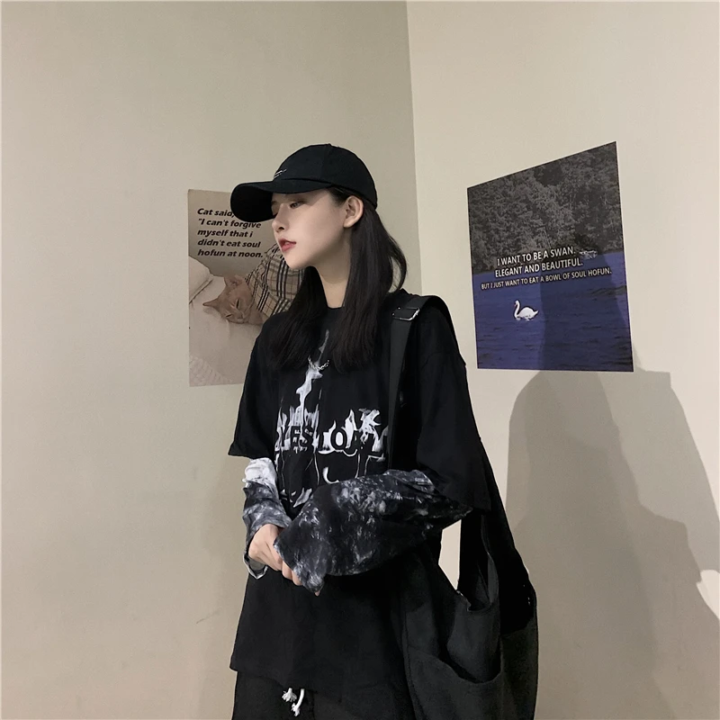 

streetwear style ins Harajuku long sleeve t-shirts patchwork o-neck letter ladies top black Women's Clothing Tees moda feminina