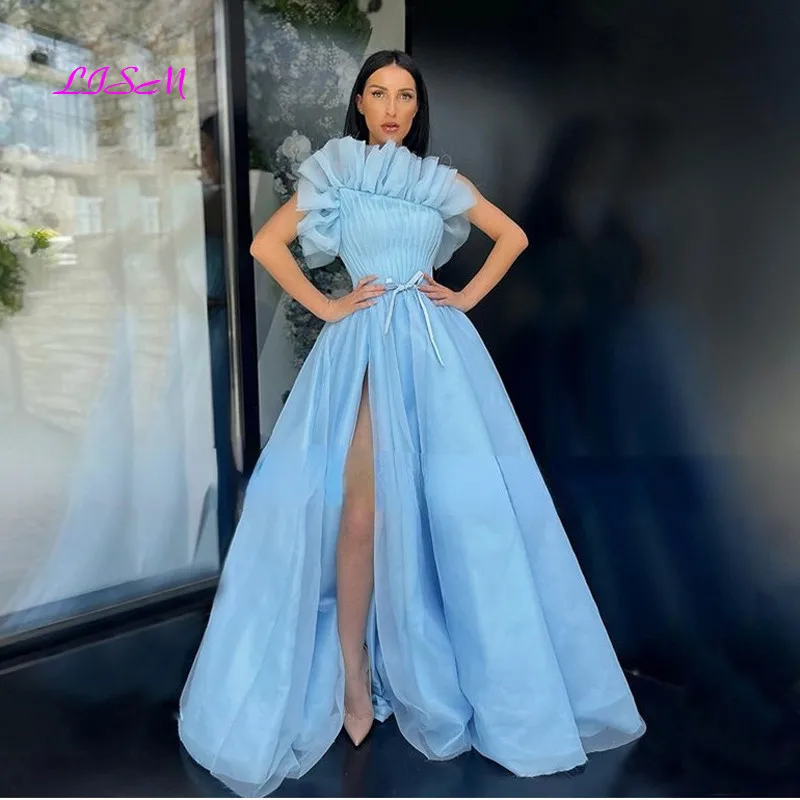 Купи Baby Blue Long Prom Dresses Strapless Side Slit Pleats Tulle Women Formal Gowns For Party Robe De Soiree Plus Size Evening Dress за 6,007 рублей в магазине AliExpress