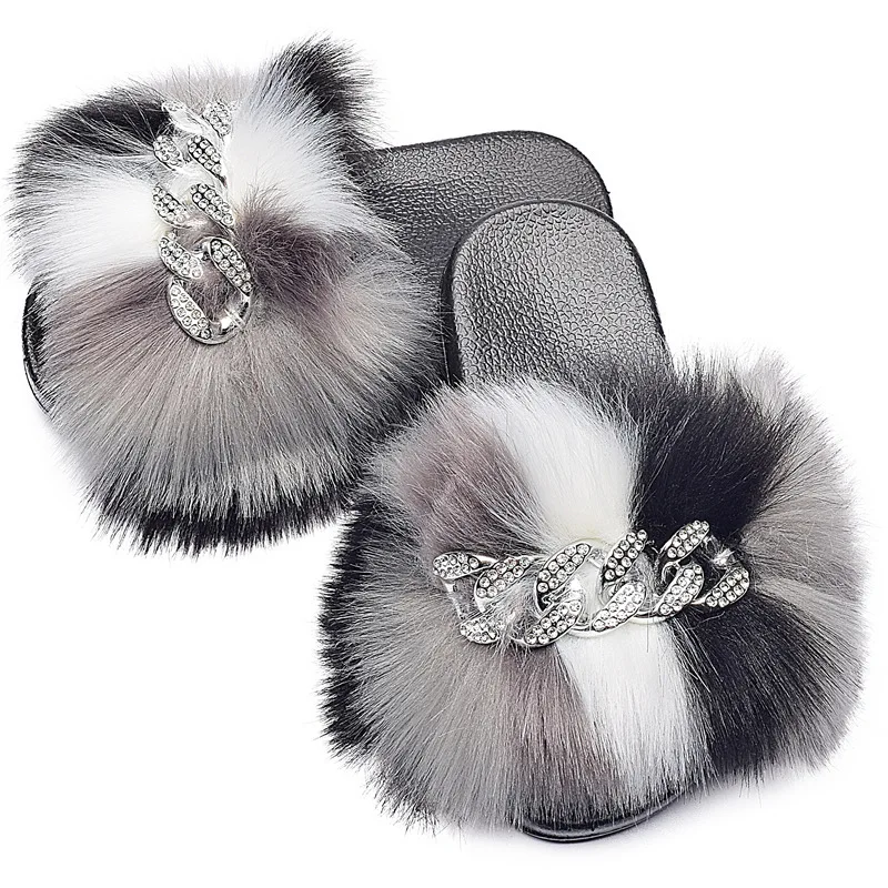 

Cute Furry Fluffy Sandals With Crystal Chain Faux Fur Slides For Kids Toddlers Home Shoes Indoor Slippers