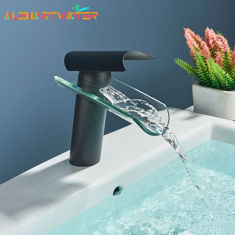 

ALENARTWATER Bathroom Sink Basin Faucet , Glass Spout Waterfall Mixer Crane , Deck Mounted Hot and Cold Water Washbasin Faucet