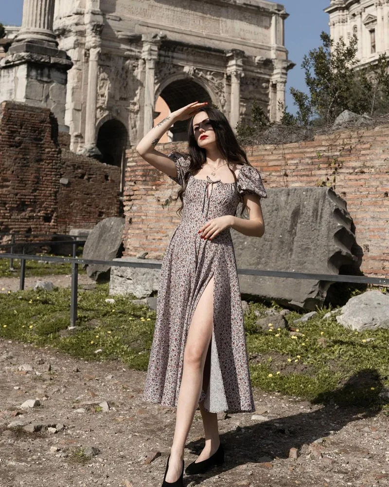

Fashion Summer Women Short Puff Sleeve Flroal Printed Ruched Party High Split Long Maxi Dress Drawstring Sexy Vestidos Sundress