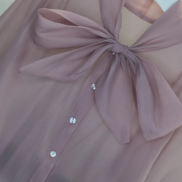 

2020 Vadim Acetate Full Solid Lantern Sleeve Korean Blusa New Women's Chiffon Shirt Bow Collar Simple Women Blouse