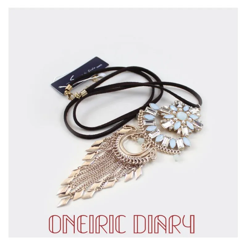 ONEIRIC Элегантное ожерелье с кисточкой голубым цветком и золотом Длинная кожаная