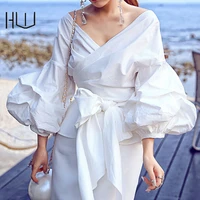 plus size womens cross tie puff sleeve sexy v neck casual all match shirt top long sleeve v neck bandage maxi female clothes
