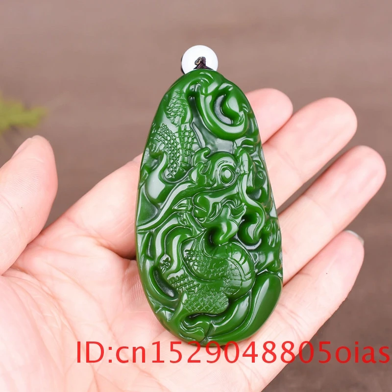 Китайский Натуральный дракон зеленый нефрит кулон ожерелье ручной резной Шарм